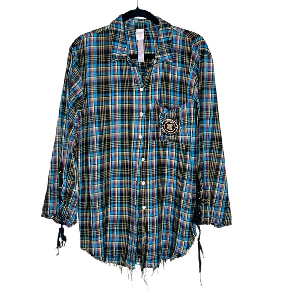 Savage x Fenty Tied Up Tartan PJ Raw Hem Sleep Shirt size Medium
